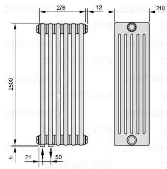 Схема (чертеж) Радиатор Zehnder Charleston 6250/6 №3370 Белый глянцевый RAL 9016